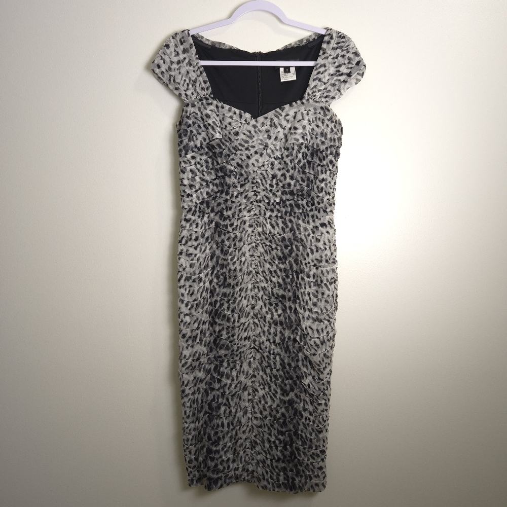 Tadashi Shoji Silk Leopard Print Ruched Pleated Bodycon Cocktail‎ Dress 8